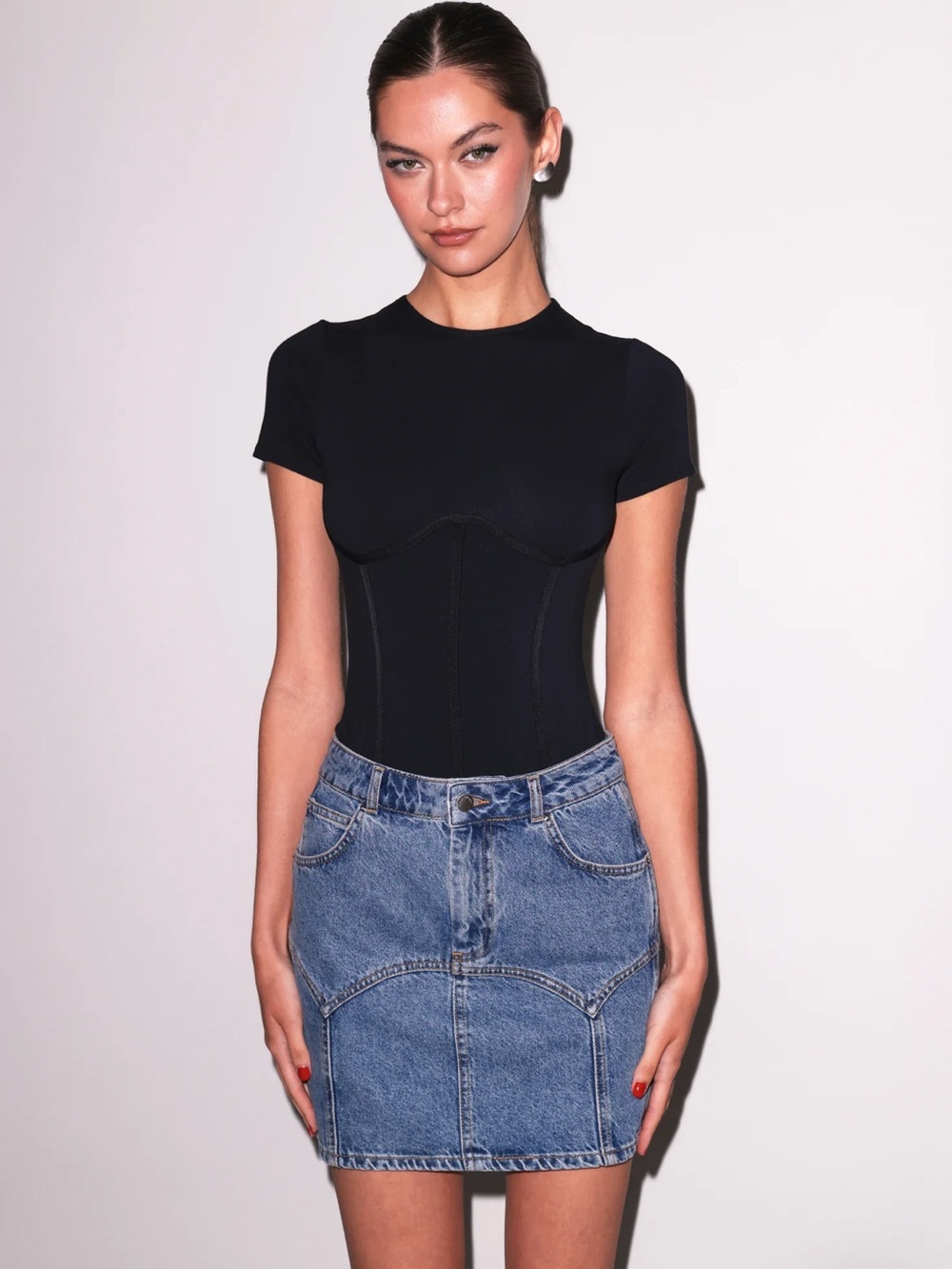 Fleur du Mal Black Sculpted Short-Sleeve Bodysuit